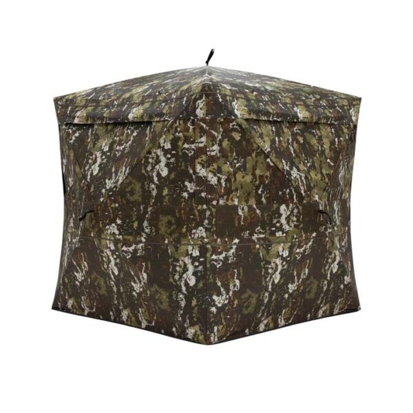 Camouflage outdoor shelter with a hexagonal shape.