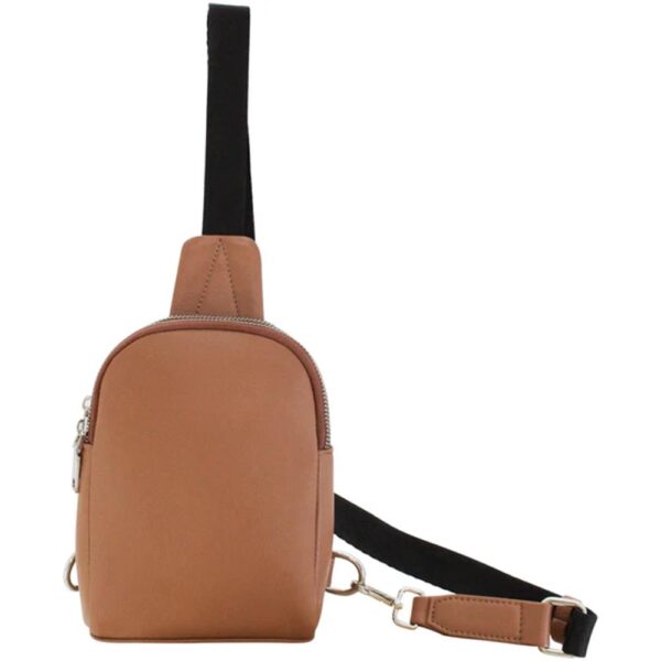 Stylish brown sling bag with adjustable strap.
