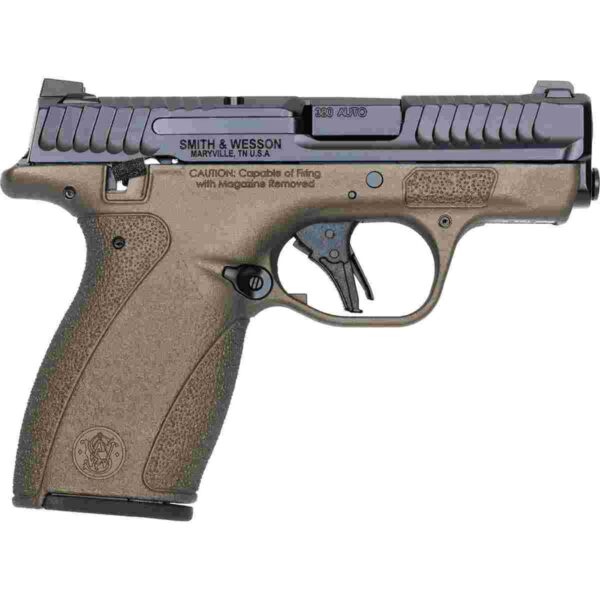 Smith & Wesson handgun with brown grip and markings.