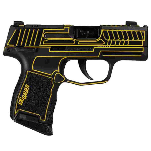 Black and yellow handgun with textured grip.