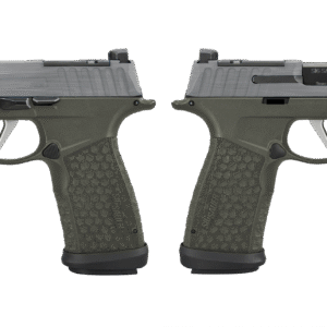 Side view of a semi-automatic pistol.