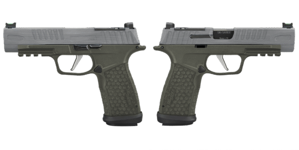 Side view of a semi-automatic pistol.