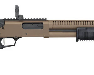 Modern shotgun with tactical features and accessories.