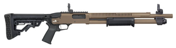 Modern shotgun with tactical features and accessories.