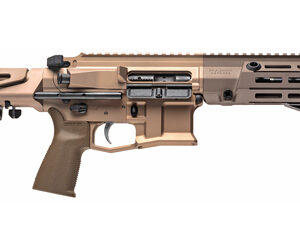 Modern firearm in tan finish.