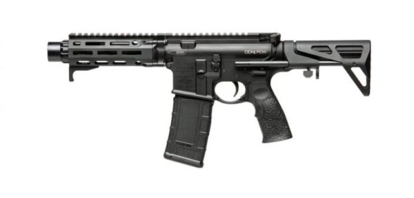 Black semi-automatic rifle with tactical features.