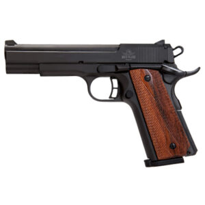 Side view of a black handgun with wooden grip.