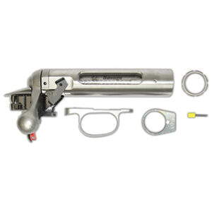 A disassembled firearm trigger mechanism and components.