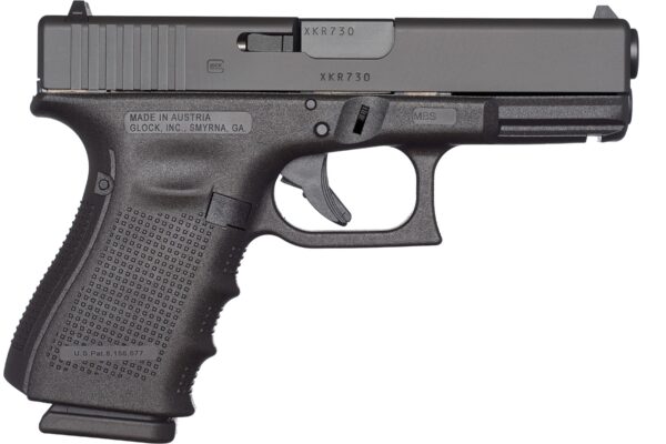 Side view of a black Glock handgun.