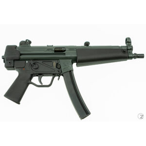Side view of a green firearm.