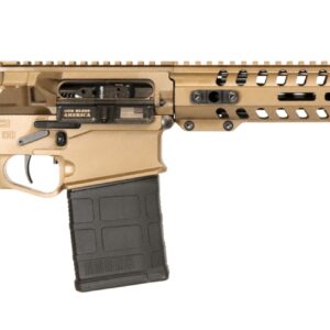 Side view of a tan tactical rifle.