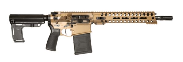 Side view of a tan tactical rifle.