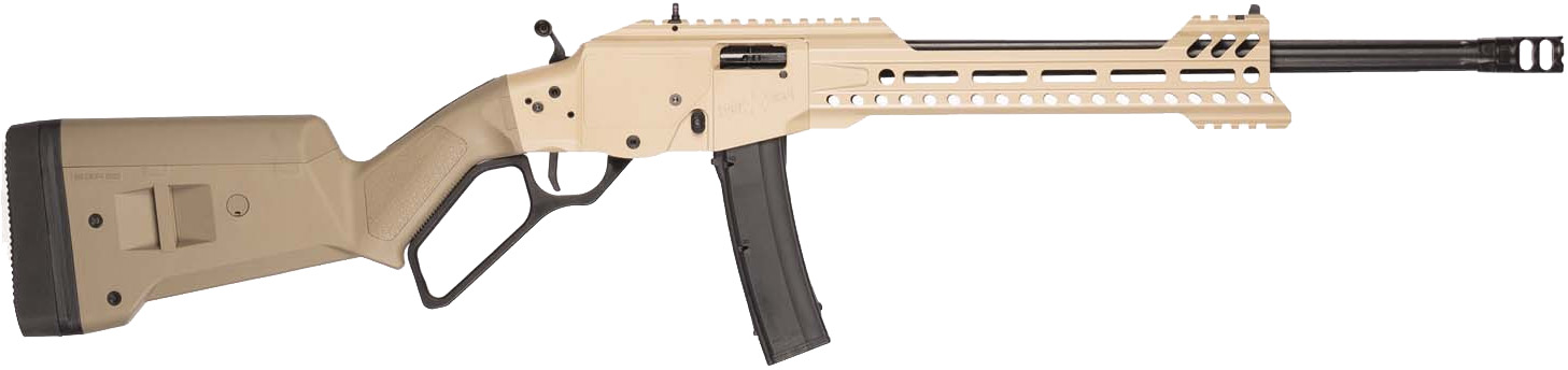 Desert-tan firearm with modern design features