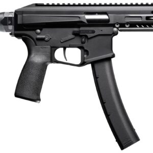 Side view of a modern black firearm