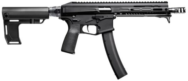 Side view of a modern black firearm