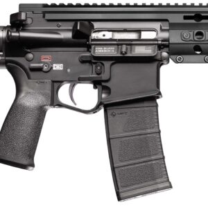 Black modern firearm with adjustable stock and rail