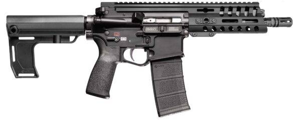 Black modern firearm with adjustable stock and rail