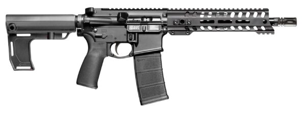 Black semi-automatic rifle with tactical design.