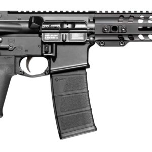 Black assault rifle on a white background.