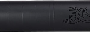 Black firearm suppressor with logo design.