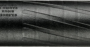 Black firearm suppressor with angled grooves