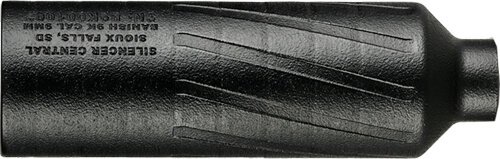 Black firearm suppressor with angled grooves