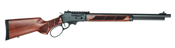 Side view of a black and wooden rifle.