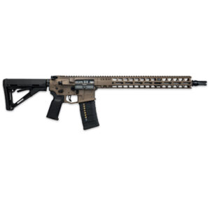Modern rifle with tactical features and magazine.
