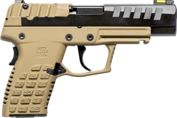 Tan semi-automatic handgun on a white background