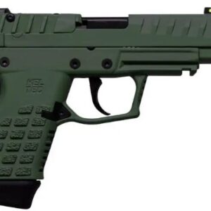 Green handgun with textured grip and safety features
