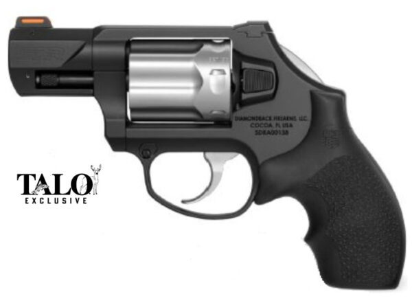Compact black revolver with silver cylinder