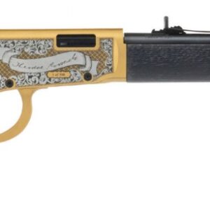 Side view of a decorative lever-action rifle.