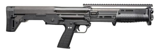 Black semi-automatic shotgun with tactical stock.