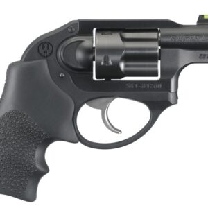 Black revolver handgun on a white background.