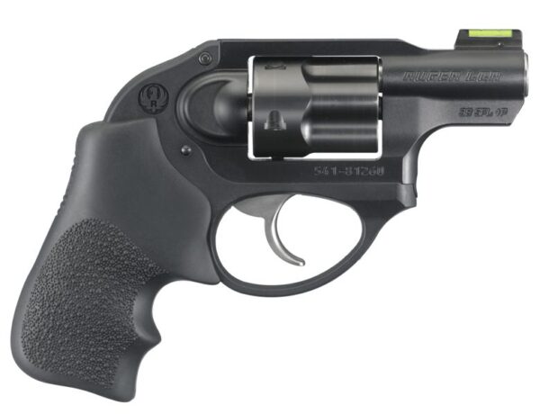 Black revolver handgun on a white background.