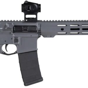 Gray rifle with tactical accessories and scope.