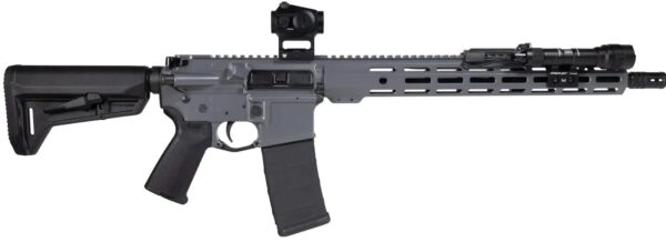 Gray rifle with tactical accessories and scope.