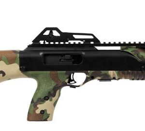 Side view of a camouflaged rifle.