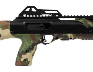 Camouflaged tactical firearm displayed from the side.
