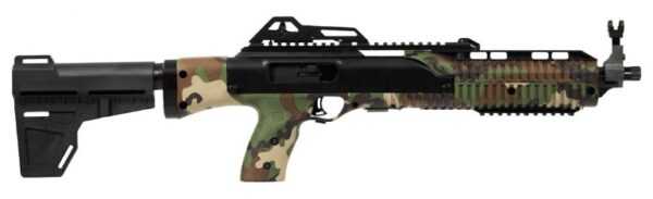 Camouflaged tactical firearm displayed from the side.