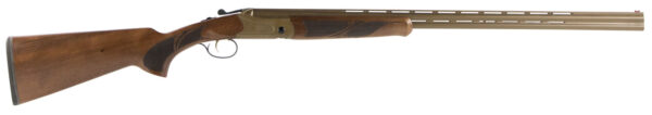 Side view of a hunting shotgun with wood stock.