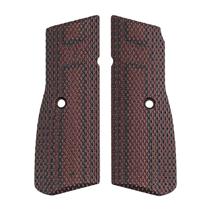 Textured brown pistol grips, durable and ergonomic.