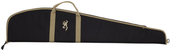 Black gun case with beige straps and logo.