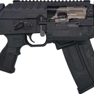 Black tactical firearm with adjustable stock and magazine.