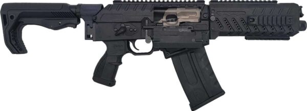Black tactical firearm with adjustable stock and magazine.