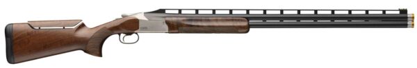 Side view of a shotgun with wooden stock.
