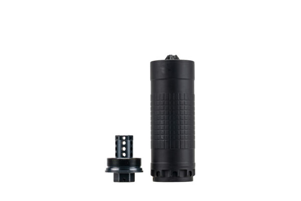 Black firearm suppressor and barrel adapter.