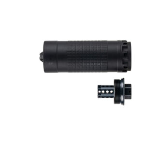 Black firearm suppressor and barrel adapter.
