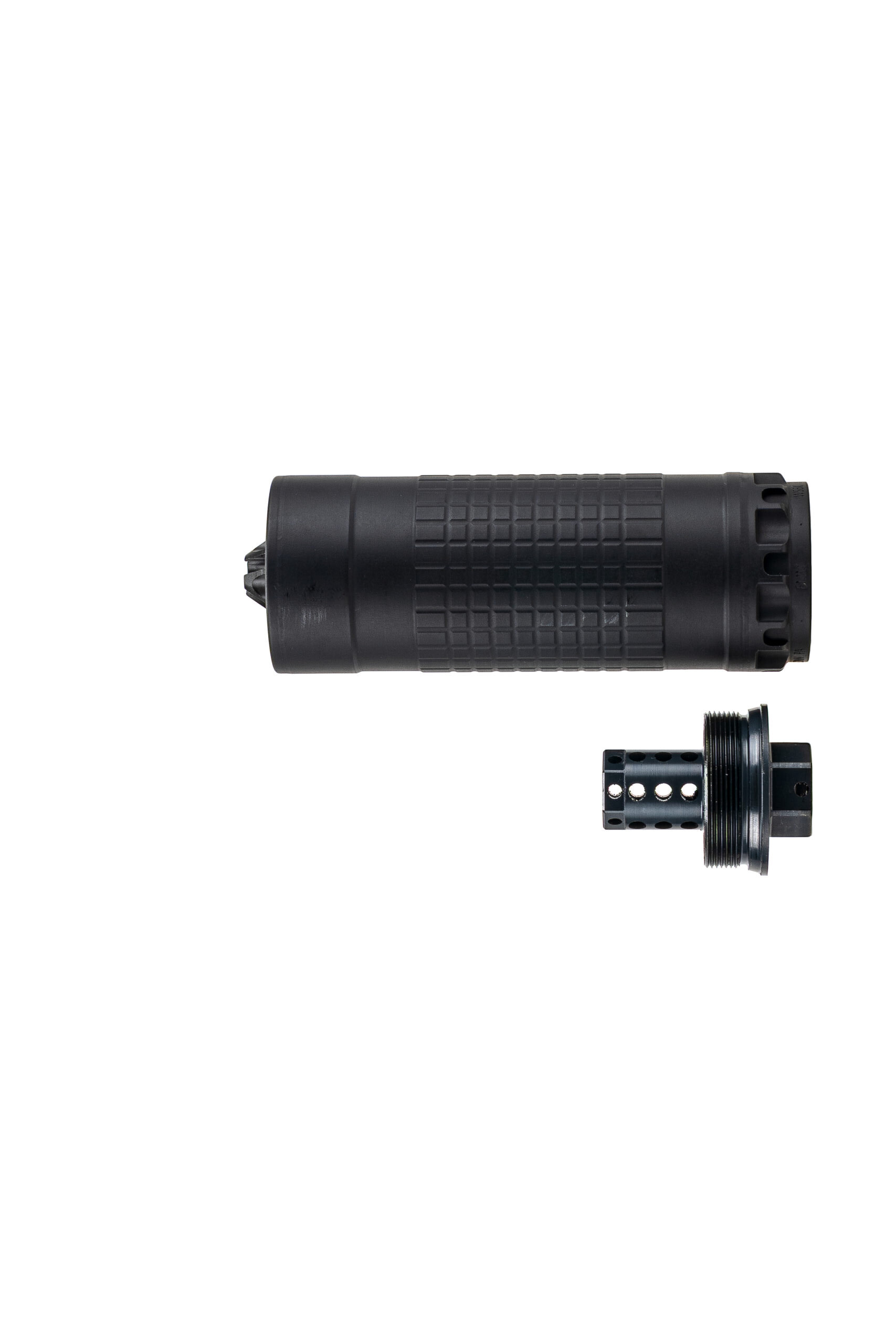 Black firearm suppressor and barrel adapter.