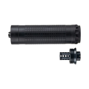 Black suppressor and mount components on white background.